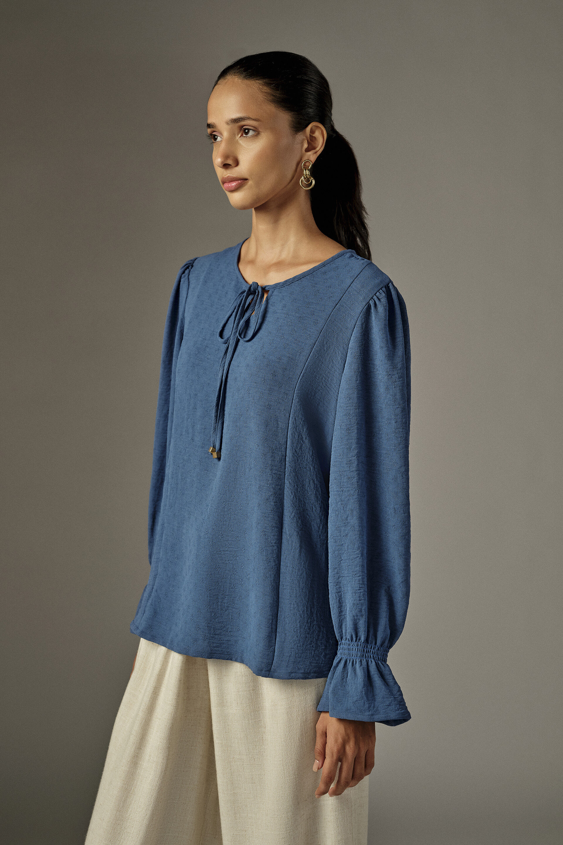 Solid Bishop Sleeves Top in Blue